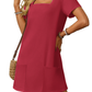 💕Promotion d'été : 50 % de réduction 👗Robe de style détendu pour femmes, avec col carré, manches courtes et poches.