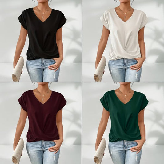 💥GRANDE VENTE💷Meilleur prix👚T-shirt élégant à manches courtes avec col en V torsadé