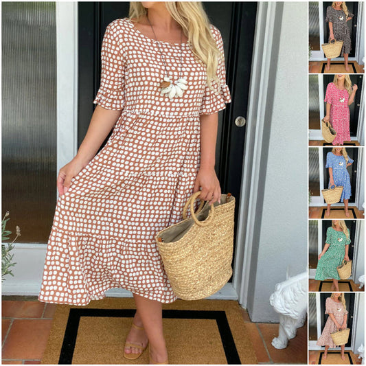 💝VENTE ESTIVALE CHAUDE 50% DE RÉDUCTI💝Robe Midi à Pois et Col Rond