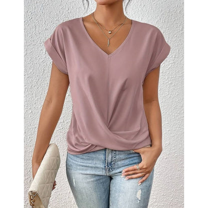 💥GRANDE VENTE💷Meilleur prix👚T-shirt élégant à manches courtes avec col en V torsadé